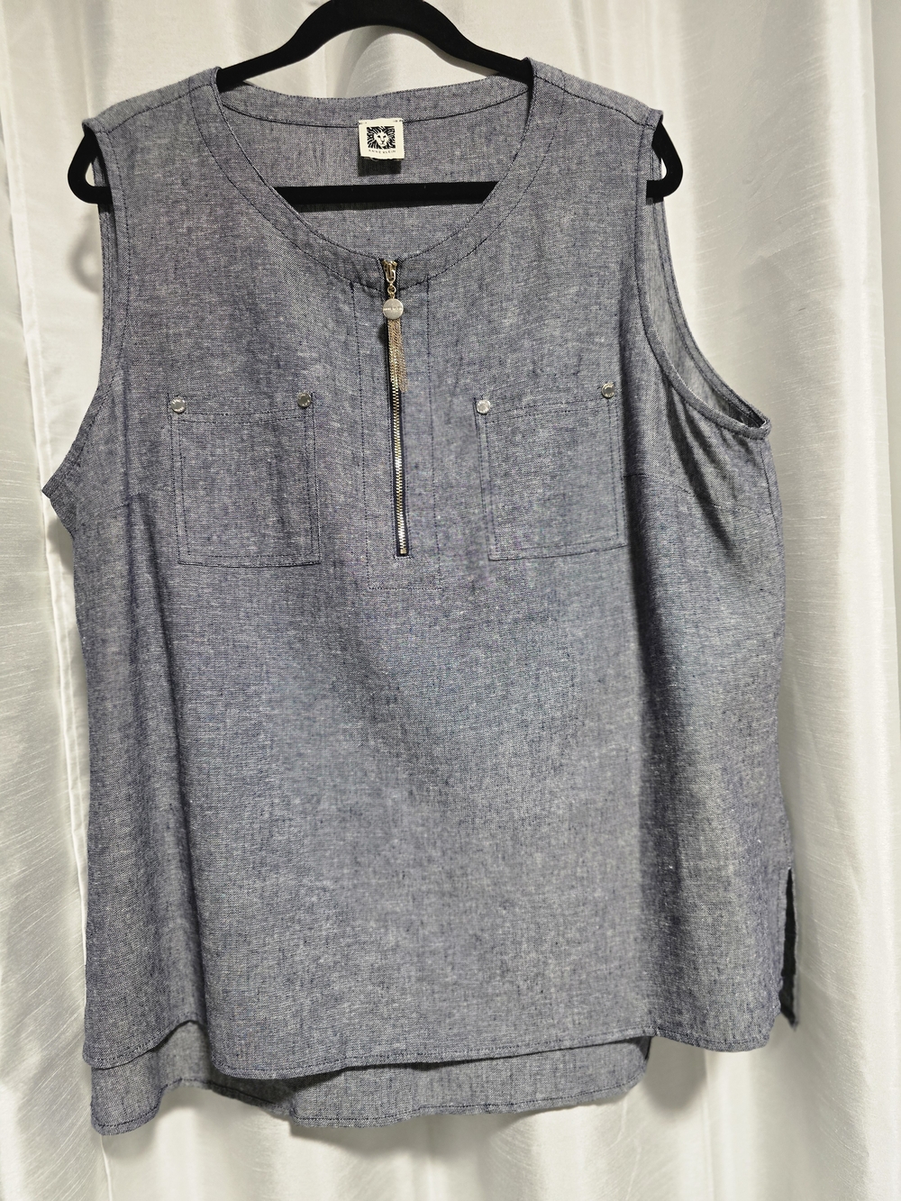 Anne Klein Sleeveless Heathered Blue Linen-blend  Tank- Check Measurements.